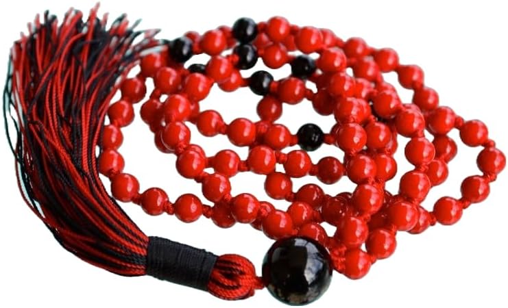 Natural Red Coral,Black Onyx 8mm 108 Mala Beads, Spiritual, Meditation Beads, Reiki, Japa Mala, Buddhist Prayer Beads, Yoga Bracelet, healing beads LKMALA-RRGU-1837, 34 inch