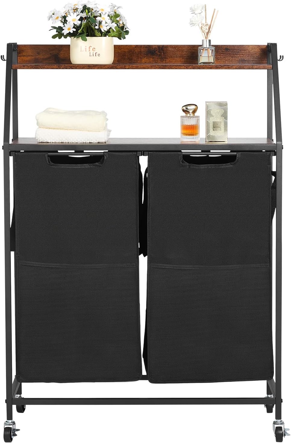 VEVOR 2 Tiers Laundry Sorter, Tall Laundry Hamper with Metal Frame and Wooden Tabletop, 2 Section Rolling Basket Organizer Storage with Ladder Shelves and 600D Oxford Cloth Bags for Dirty Clothes