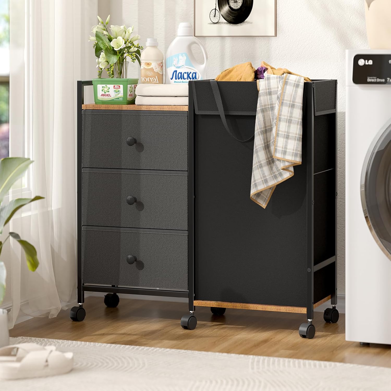 Laundry Hamper with Wheels, Laundry Sorter with Shelf and 3 Drawers, Total Capacity 123L/32.5 Gal (3 Drawers+Bags), Laundry Cabinet with Fabric Detachable Bags, Clothes Hampers for Bedroom Bathroom