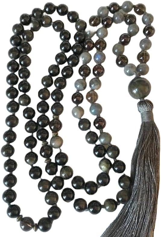 Natural Obsidian, Labradorite, Smoky Quartz, Garnet 8mm-14mm 108 Mala Beads, Spiritual, Meditation Beads, Reiki, Japa Mala, Buddhist Prayer Beads, Yoga Bracelet, healing beads LKMALA-RRGU-1029