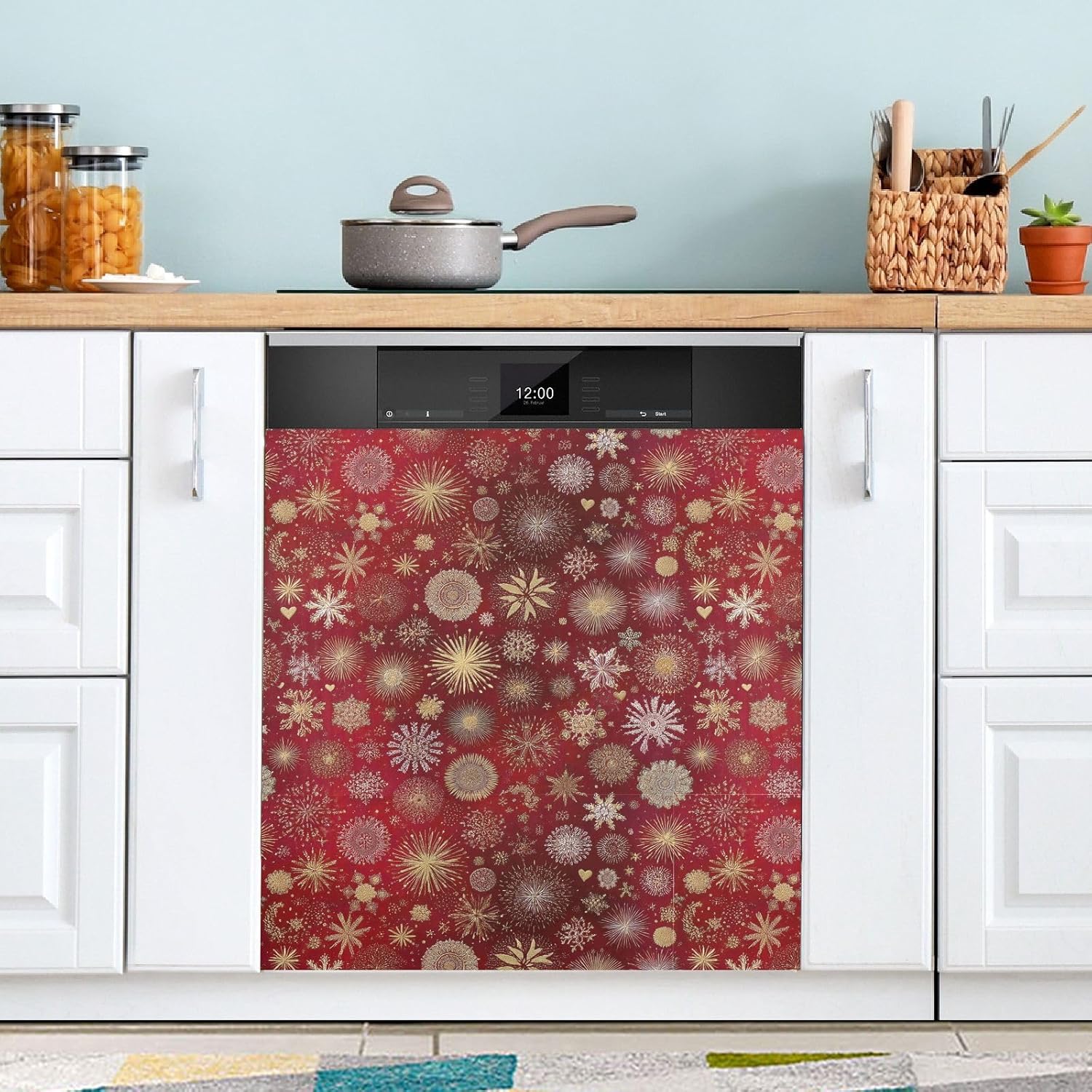 Pfrewn Christmas Winter Magnetic Dishwasher Cover Red Gold Snowflakes Christmas Flowers (1) Fridge Door Covers Kitchen Decal Vinyl Panel Decorative Refrigerator Laundry Appliances 23x26in