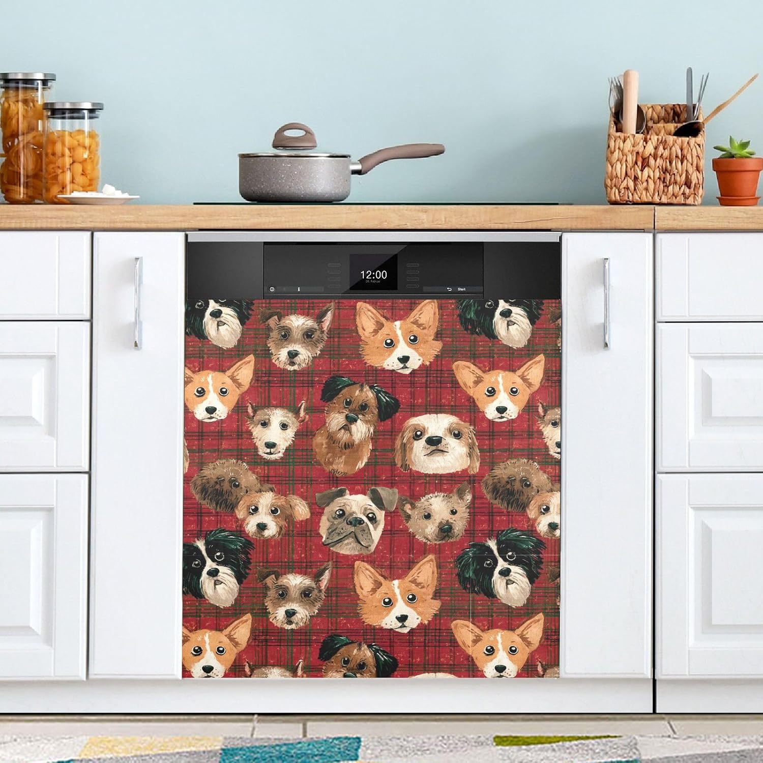 Pfrewn Christmas Winter Magnetic Dishwasher Cover Cute Dog Faces Christmas Plaid Fridge Door Covers Kitchen Decal Vinyl Panel Decorative Refrigerator Laundry Appliances 23x26in