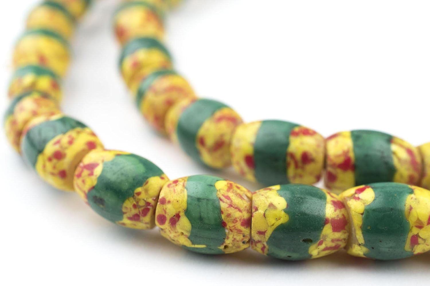 The Bead Chest Old Antique Venetian Yellow Oval Striped Trade Beads Green Stripe 9mm Ghana African Multicolor Glass Large Hole 32 Inch Strand