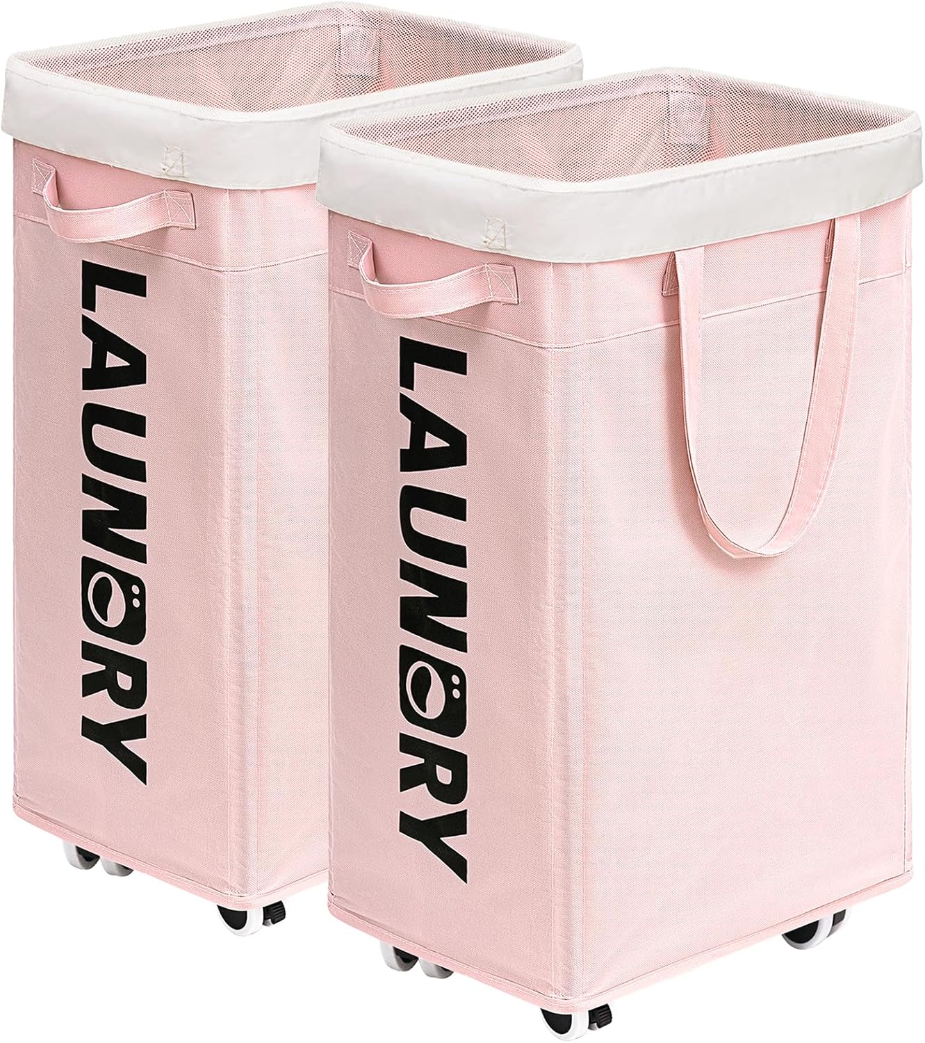 Goodpick Pink Laundry Baskets with Wheels 2-Pack, 75L Rolling Laundry Basket with Removable Wash Bags, Large Laundry Hamper for Corner Dorm, Collapsible Laundry Basket on Wheels