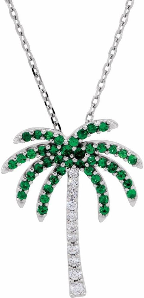 14k White Gold Genuine Tsavorite Garnet Diamond Palm Tree Pendant 16