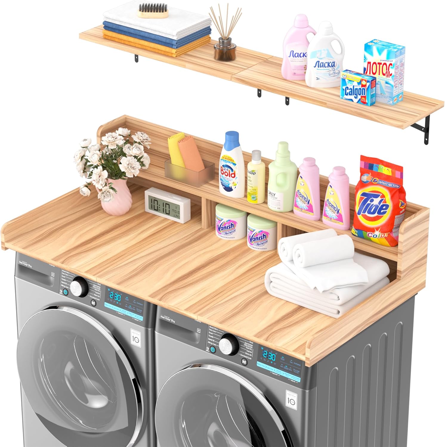 Washer Dryer Countertop, Laundry Counter Top Over Machines, Washer Dryer Topper for Storage, 2 Tier Wood Shelf Topper with Storage Space for Small Apartment (Wood, 53.9 * 27.5 * 12)