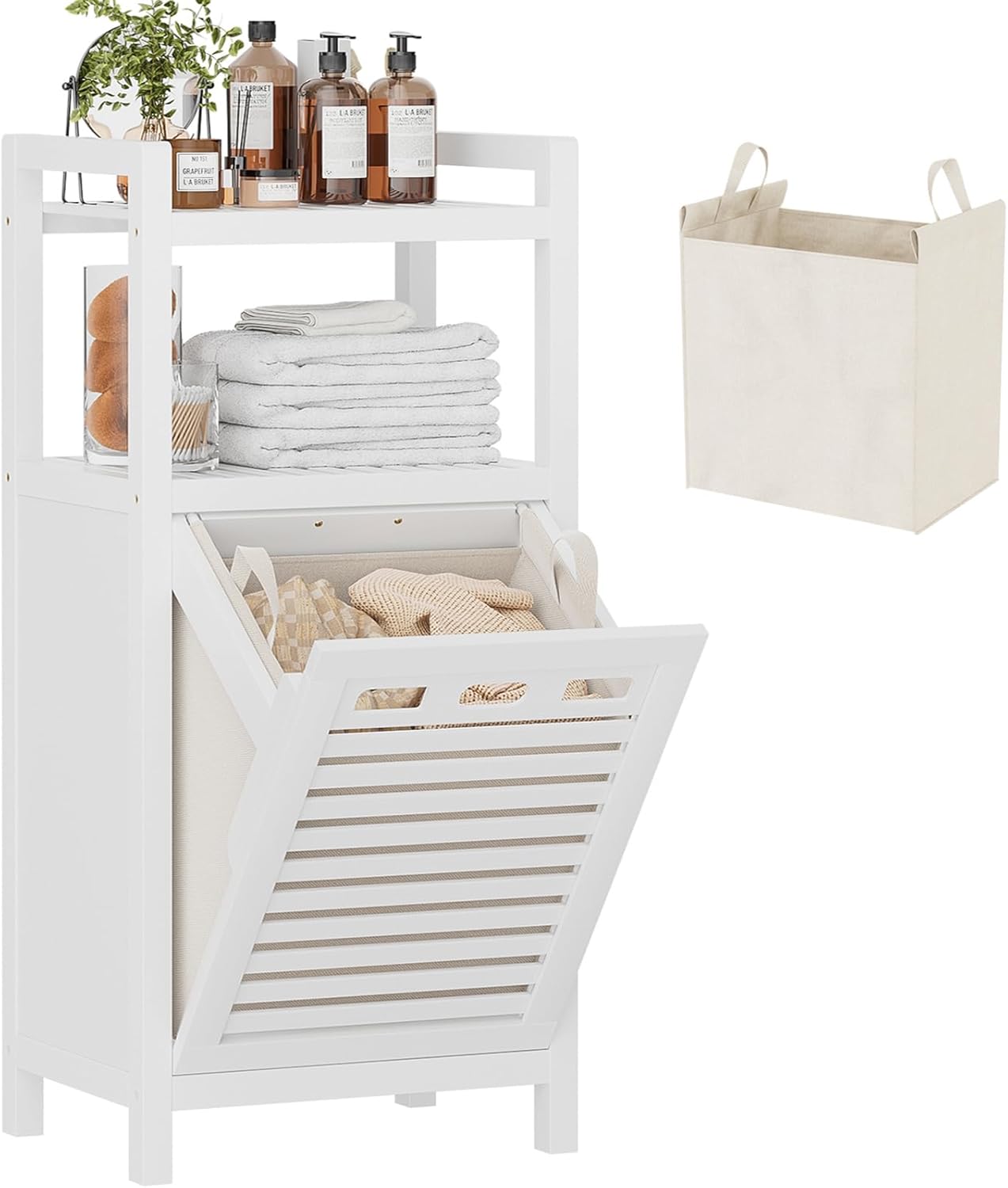 Homykic Tilt Out Laundry Hamper, 10 Gal Bamboo Laundry Storage Cabinet with Removable Basket, Hidden Hamper Organizer with Shelf for Dirty Clothes, Bathroom, Laundry Room, Space Saving, White