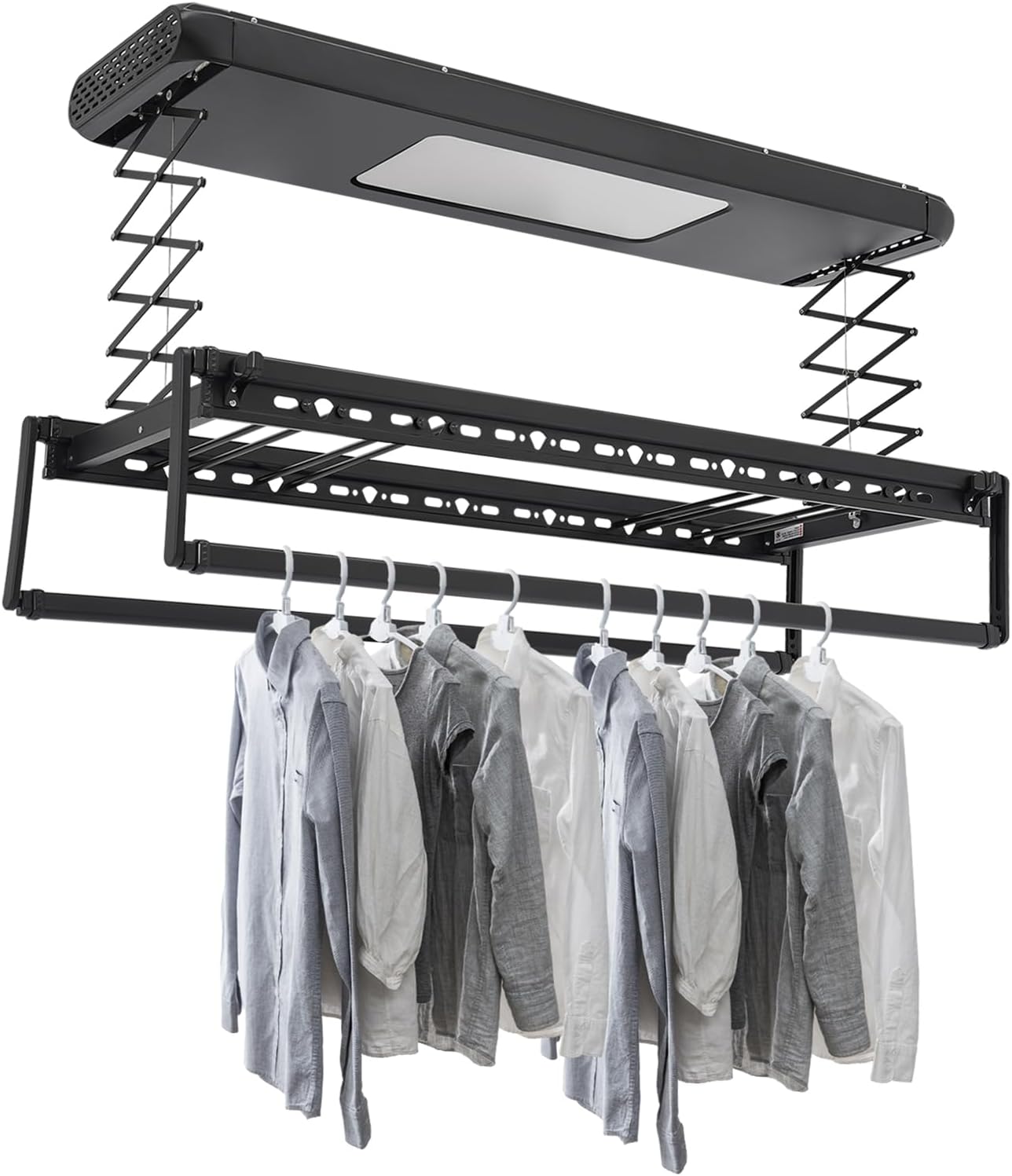 Electric Clothes Airing Rack,Adjustable Ceiling Mounted Smart Control Clothes Airing Rack w/ LED Lighting & 2 Retractable Rods,Vertical Laundry Clothesline w/ 8 Horizontal Rods for Balcony (Black)