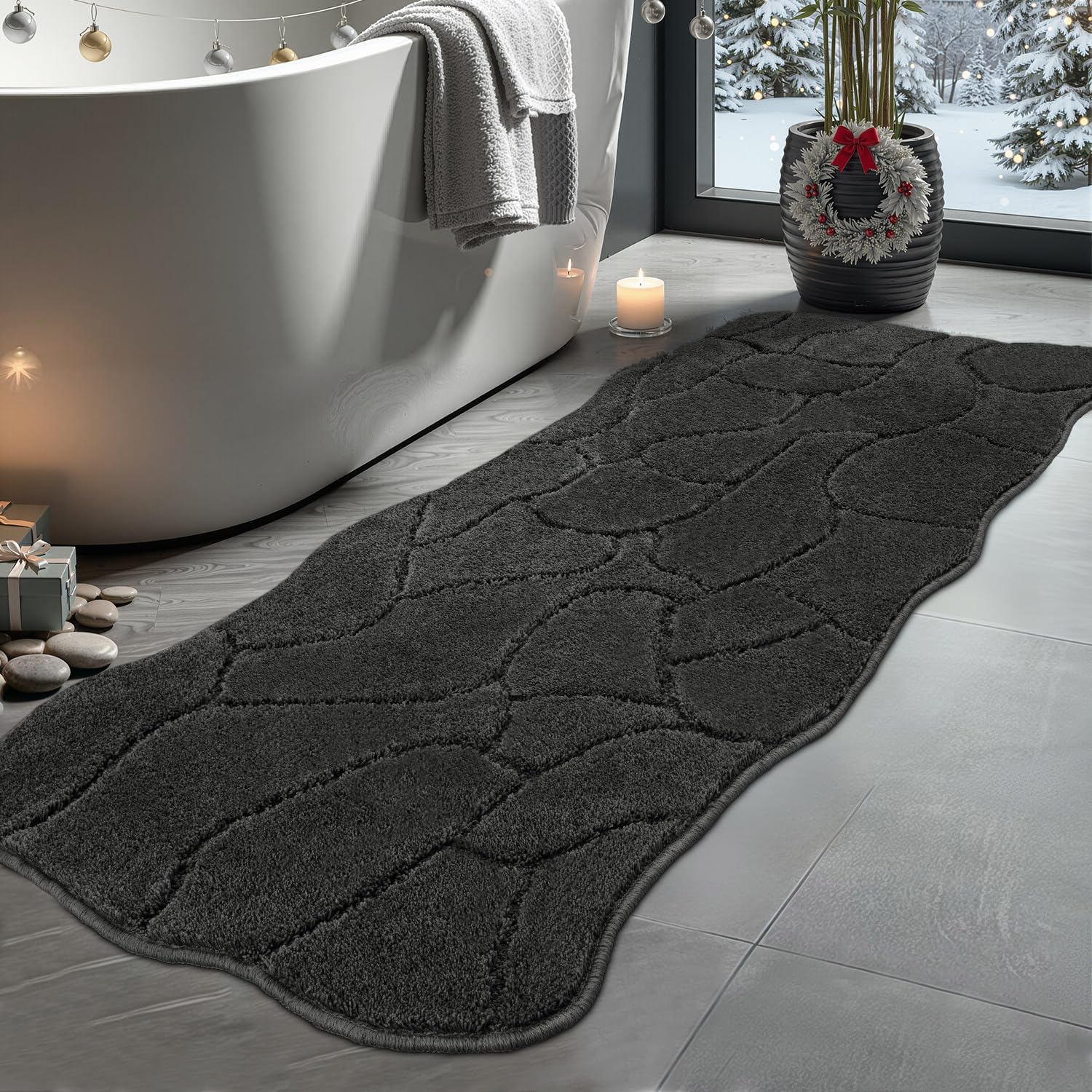 Large Bathroom Rugs Runner, 24x59 Extra Soft Absorbent Shaggy Long Bath Mats, Non-Slip Machine Washable Modern Bath Carpet Runner for Bathroom Laundry Room Kitchen (Charcoal)