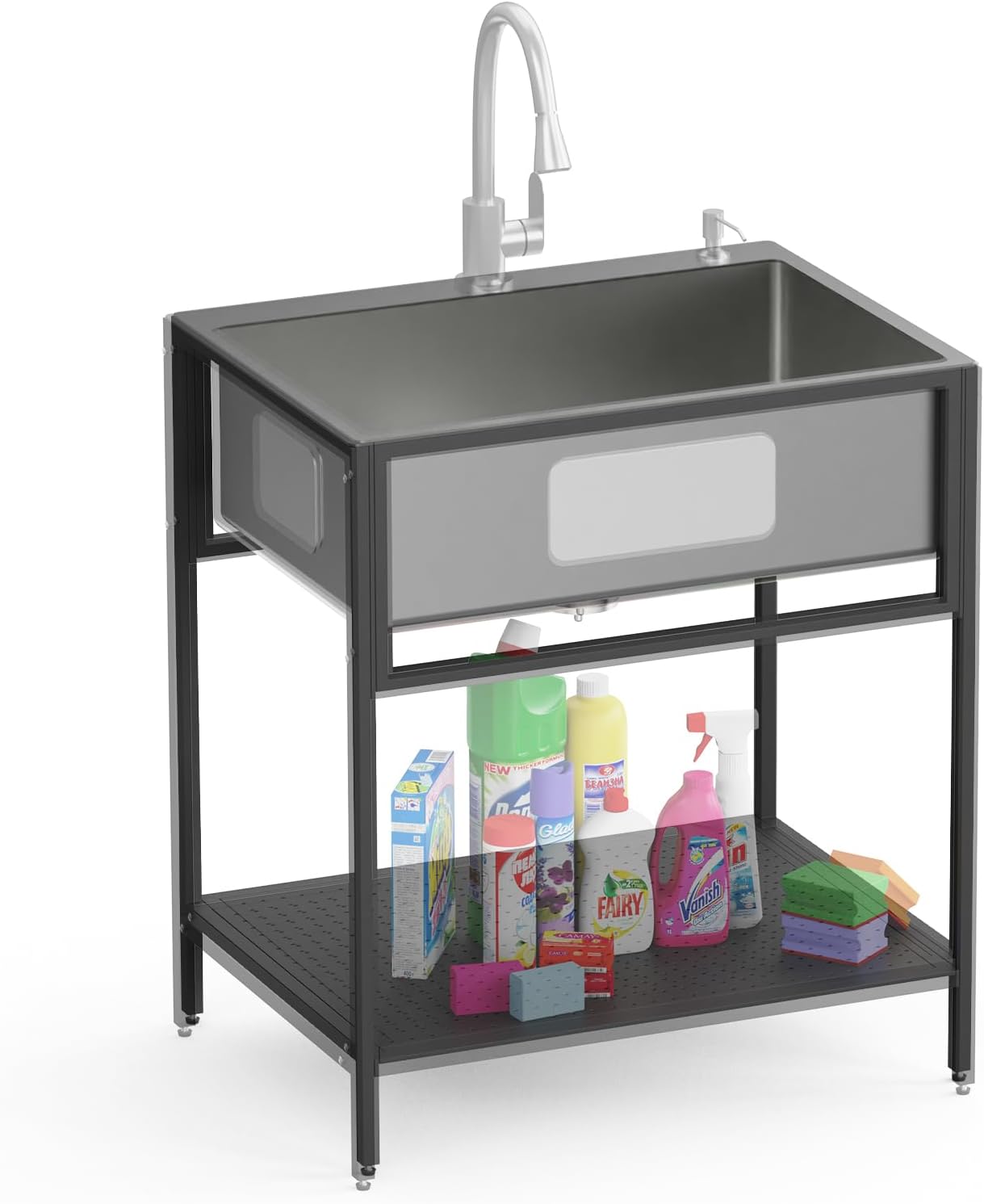 Freestanding Utility Sink, 30x22 Inch Laundry Sink With Storage Shelf Easily Handles Large Cleaning Tasks - Ideal Wash Station For Garage, Laundry Room, Garden, Indoor & Outdoor Use