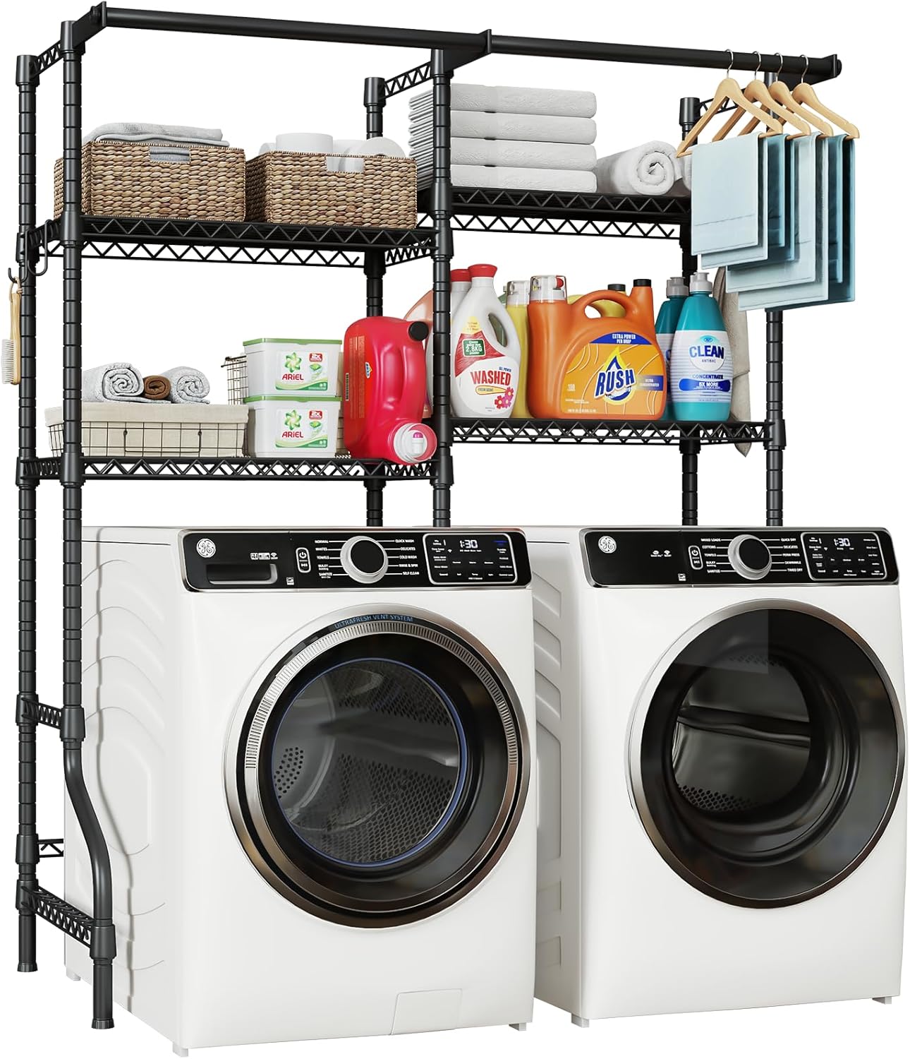 U14 Over Washer and Dryer Storage Shelves, 4 Tiers Laundry Room Storage and Organizer System, Space Saving Clothes Drying Rack with 2 Clothes Hanger Rods, 66.5