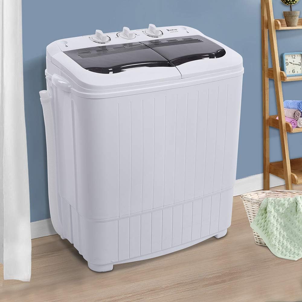 Portable Washing Machine and Spin Dryer, 14Lbs Twin Tub Portable Washer Dryer Combo with Gravity Drain, Semi-Auto 7.7Lbs Washer Mini Laundry Machine with 6.6Lbs Spinner for Apartments, RVs, Black