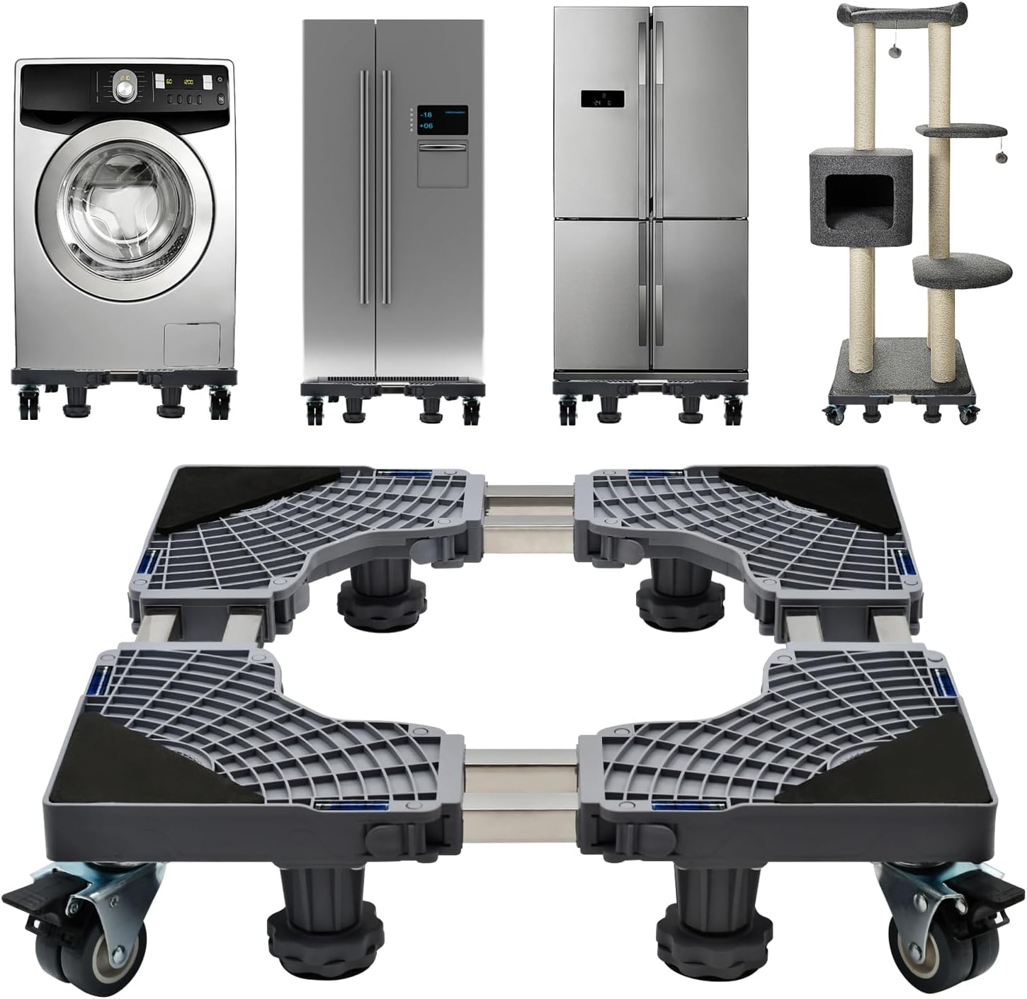 Updated Fridge Stand Mobile Base with Double Pipes 4 Locking Wheels 4 Strong Feet, Adjustable Furniture Dolly for Washer Dryer Washing Machine Stand Pedestal, Refrigerator (Grey, Extra Large)