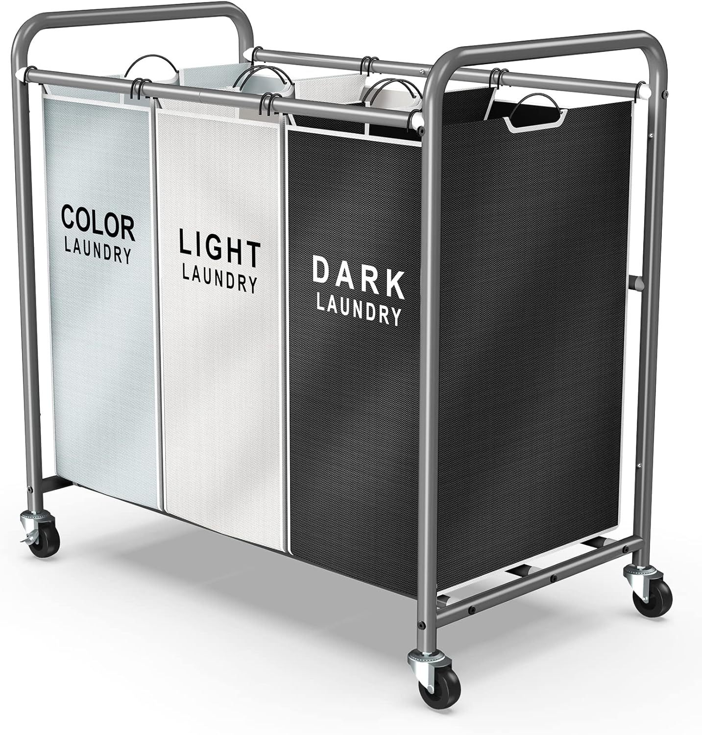 ROMOON Laundry Sorter 3 Section, Separated Laundry Basket with Wheels, Rolling Laundry Hamper Cart with Large Capacity and Removable Bags, Divided Clothes Hamper for Family Laundry, Multicolor