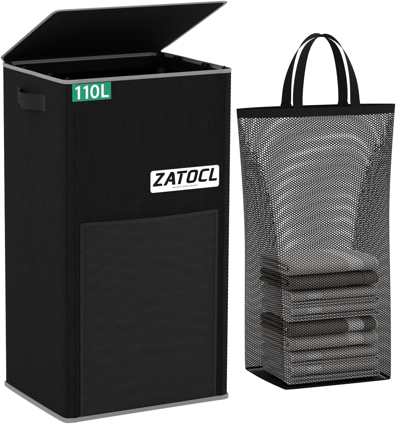 110L Laundry Hamper with Lid with Washing Bag & Front Mesh Bag, Large & Tall Laundry Basket, Collapsible Dirty Clothes Hampers for Bedroom Aesthetic, Bathroom, Dorm, Laundry Room - Easy Carry, Black