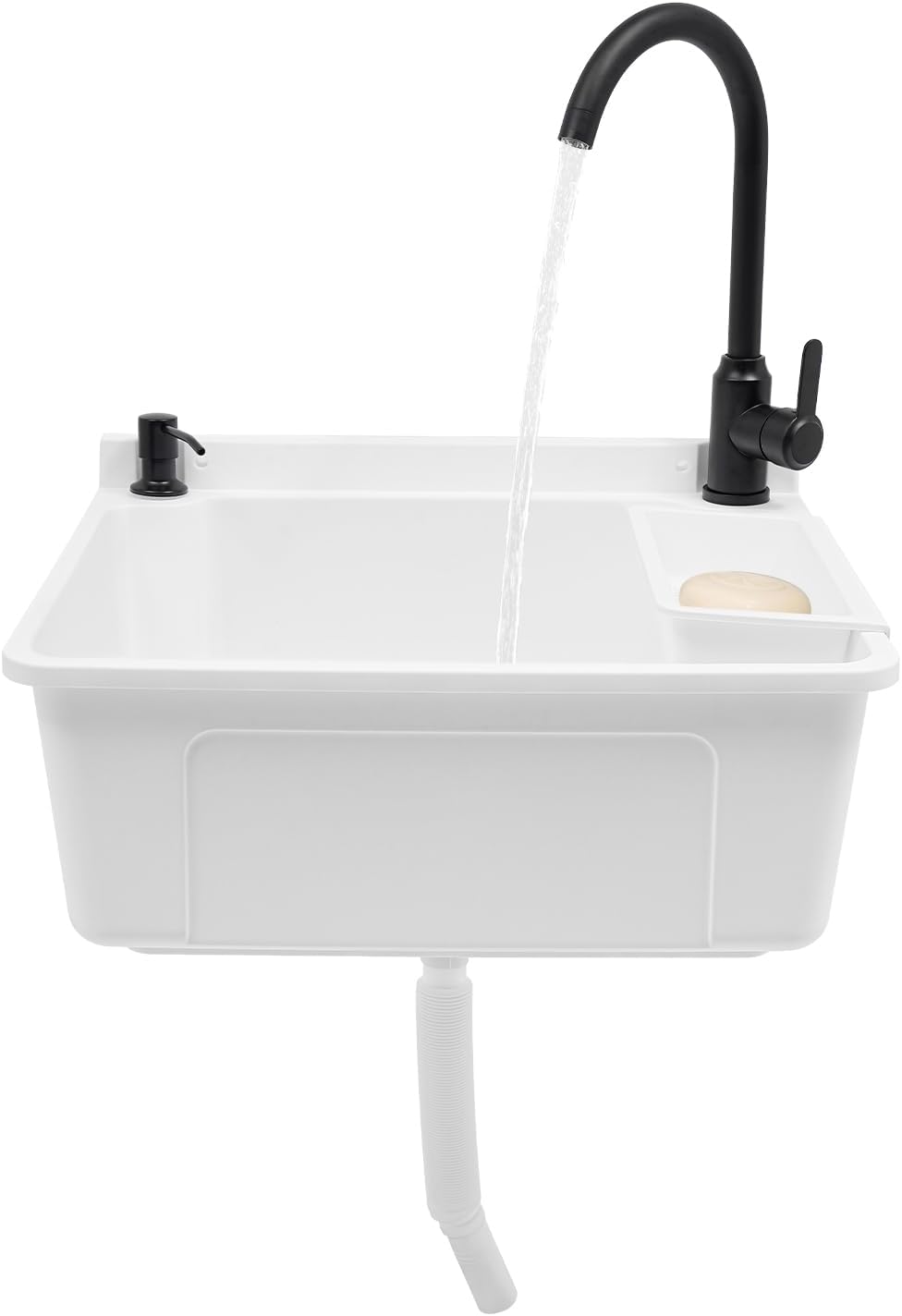 Wall-Mounted White Laundry Sink with Rotatable Faucet, Soap Box & Dispenser, 20.08x17.52x9.45in