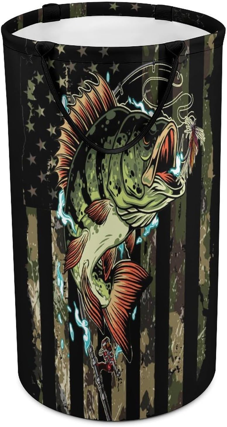 Watercolor American Flag Camo Fishing Laundry Hamper Dirty Clothes,Rustic Camouflage Hunting Theme Fishing Large Laundry Basket Storage Basket For Bathroom 15.7W