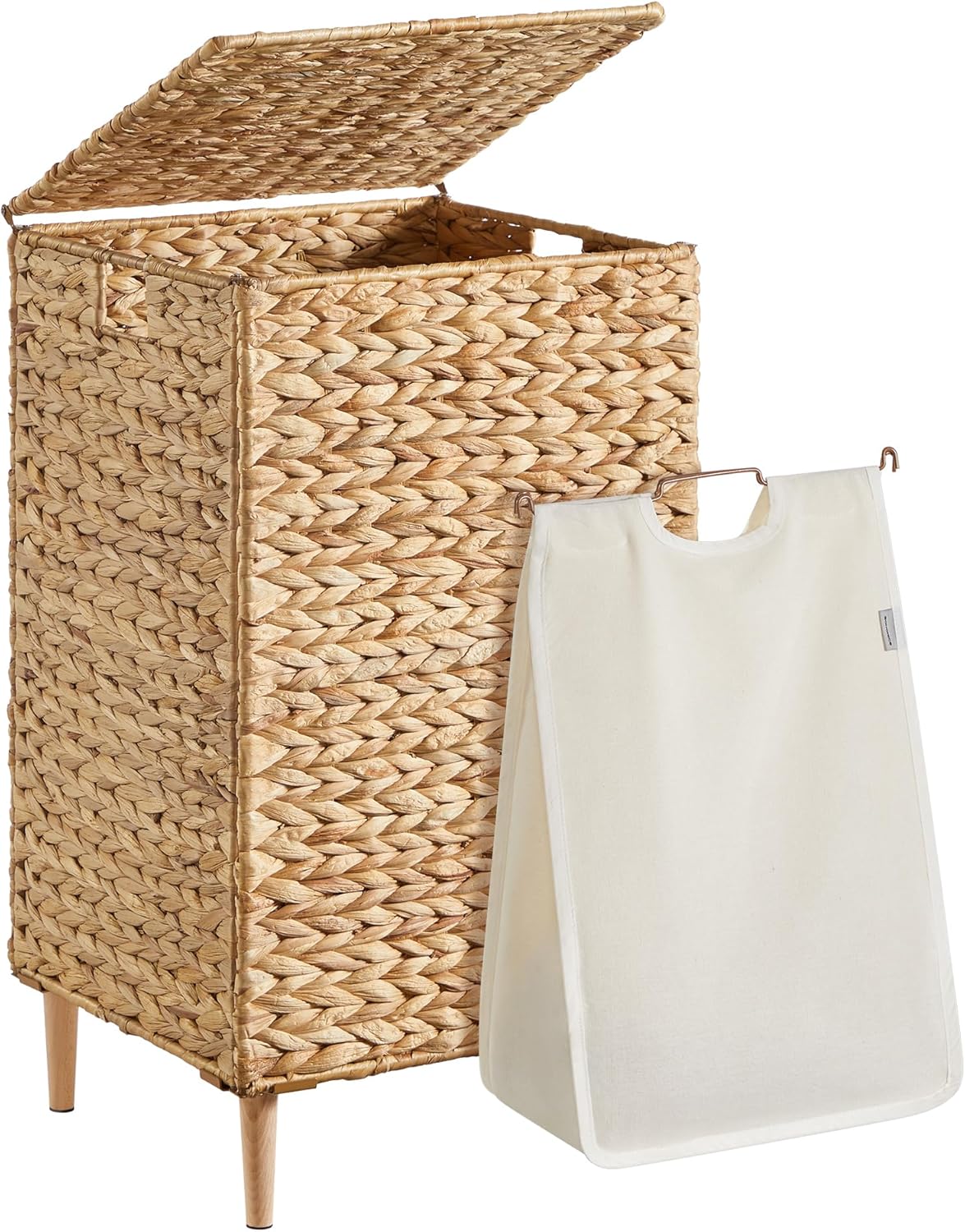 SONGMICS Laundry Hamper, 25 Gal. (95 L) Handwoven Water Hyacinth Wicker Laundry Basket with Lid, Natural Material, Removable Machine Washable Liner, Handles, Natural ULCB201Y01