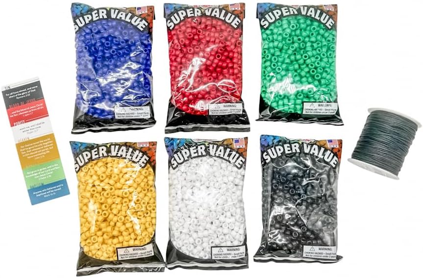 Wordless Bracelet and Bookmark Teaching Kit- Black, White, Red, Green, Yellow, and Blue Plastic Beads-6 Packs- 9mm- Opaque- 900 Count Each Color- 100 Yards Cotton Thread Cord and 200 Bookmarks