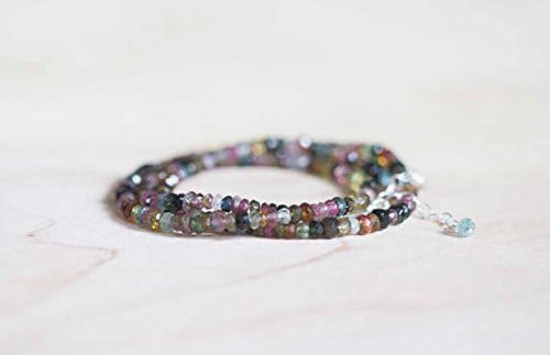 925 sterling Silver Handmade Beaded 3-4mm Multi Colour Multi Tourmaline stacking Necklace Rondelle, faceted 16inch for mens, womens, gf, bf and adults.