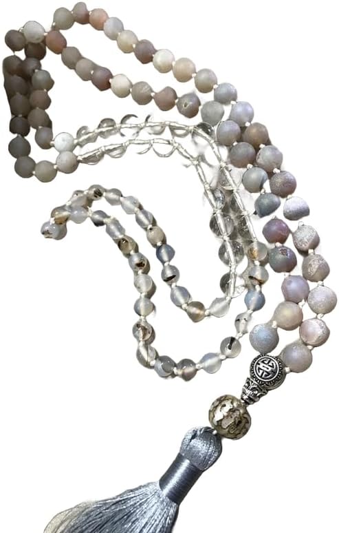 Natural Peruvian Clear Quartz, flower agate, aurora luster druzy beads, Stone Mala Beads, 108 Mala Necklace, Knotted Mala, WWG Necklace, Yoga Jewelry Meditation Beads Spiritual Jewelry Boho Jewelry,