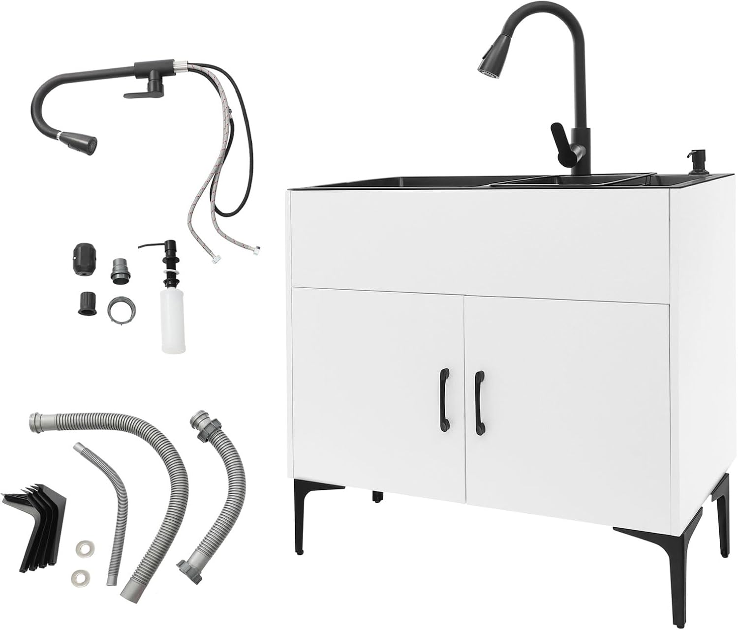 All-in-One Utility Sink & Cabinet, 31-inch Freestanding Kitchen Sink Cabinet Stainless Steel Laundry Cabinet with 360° Faucet for Laundry Room, Garage, Mudroom (White)