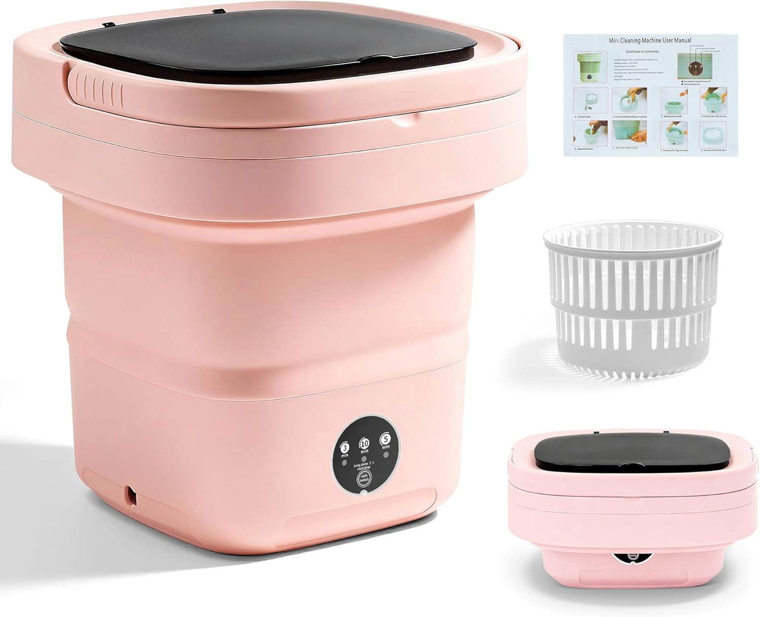Pink Portable Washing Machine, Mini Washer, 16L Upgraded with Spin Basket, Foldable Design Ideal for Apartment, portable washer 3 Cleaning Modes Suitable for Small Clothes