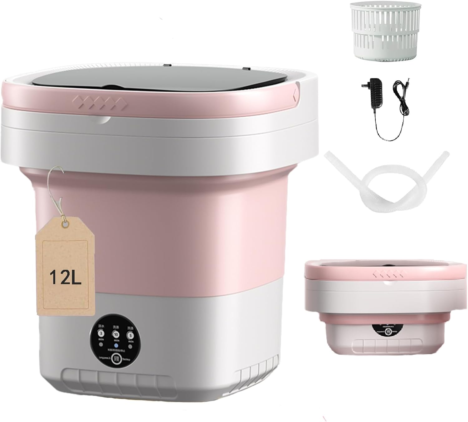 Portable washing machine, 12L Upgraded Large Capacity Foldable Mini Washing Machine, 3 Modes Deep Cleaning Small Washer for Underwear, Baby Clothes, Suitable for Apartments, Dormitories, Hotel (Pink)