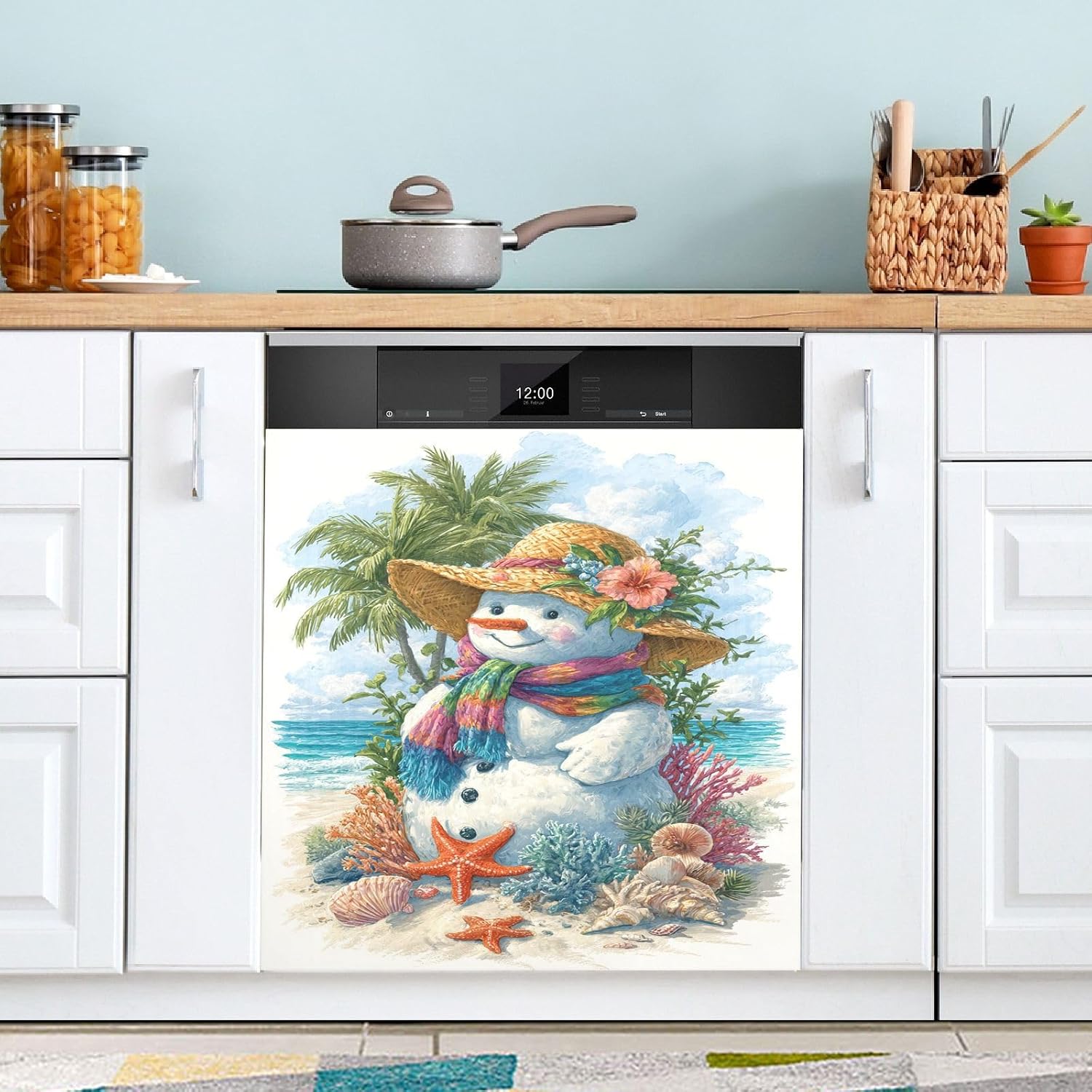 Pfrewn Christmas Winter Magnetic Dishwasher Cover Beach Snowman Ocean Coastal Fridge Door Covers Kitchen Decal Vinyl Panel Decorative Refrigerator Laundry Appliances 23x26in