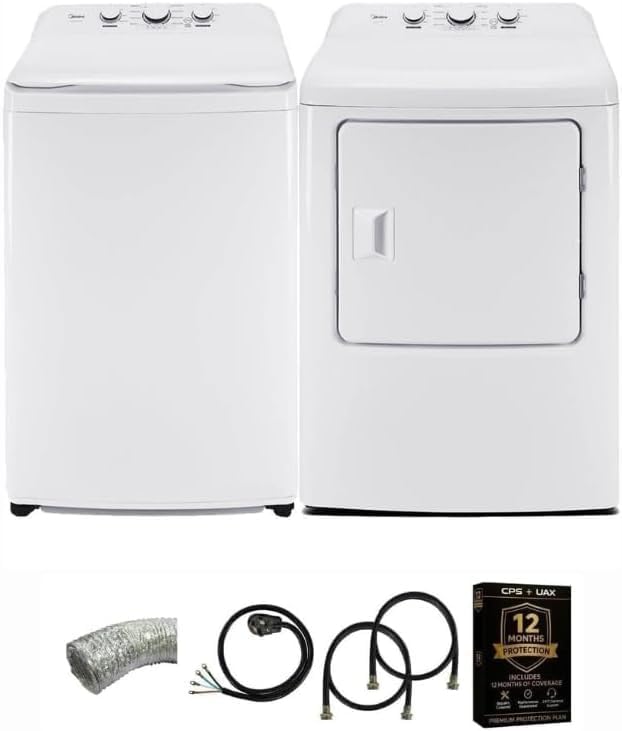 Midea White Top Load Washer and Dryer Pair 3.9 Cu Ft High Efficiency Washer and 6.7 Cu Ft Electric Dryer Bundle with 8 Cycles 4 Temperature Settings Dryer Vent Power Cable and 12 Month CPS Plan