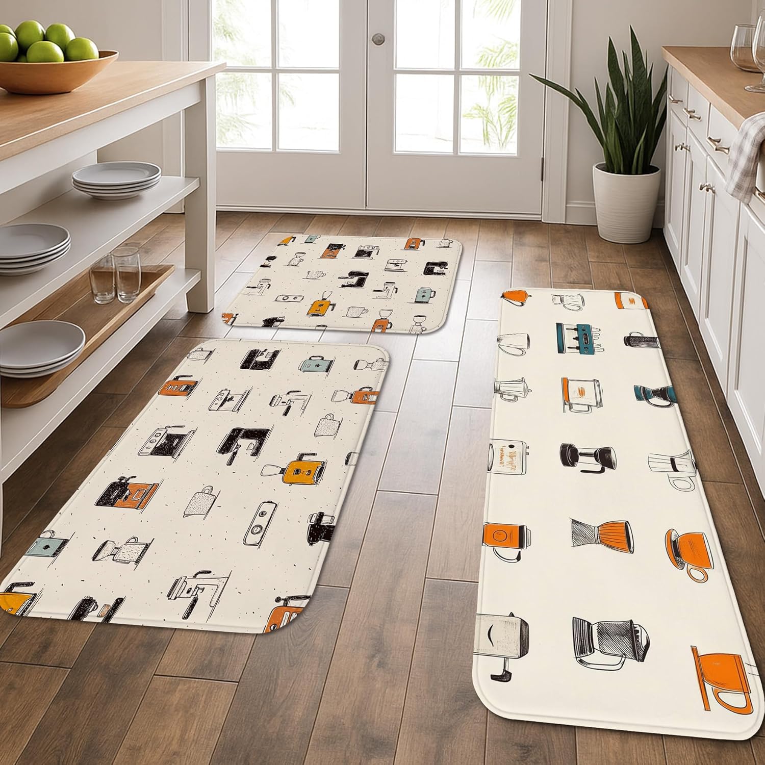 Vintage Kitchen Mats for Floor, Retro Appliances Soft Mats, Cushioned Comfort Washable Non Slip Decor Rugs for Kitchen Sinks Laundry Room 3Pcs