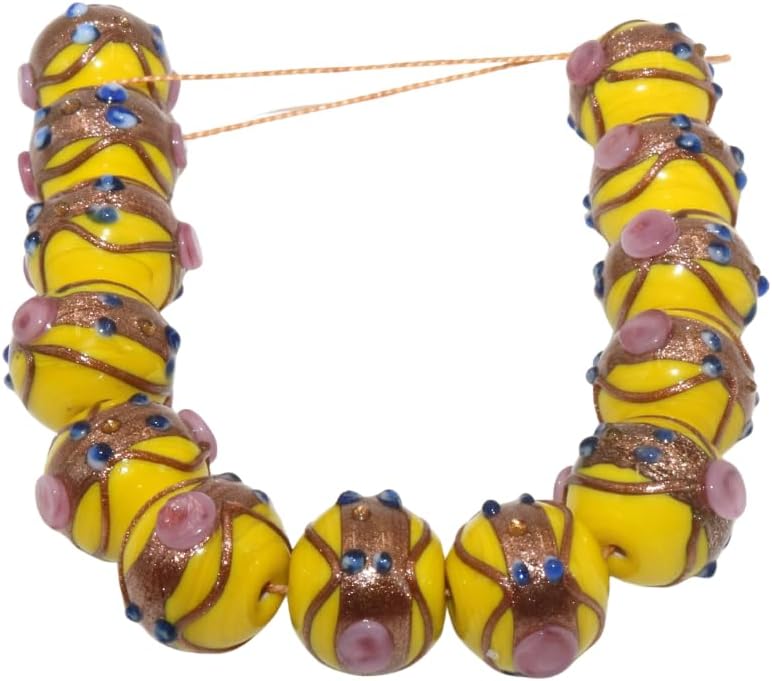 Yellow Designer Glass Beads | 16mm Murano Style Beads with Blue Dots & Pink Floral Accents | Available in 10 Strands | Ideal for Jewelry Making & DIY Projects