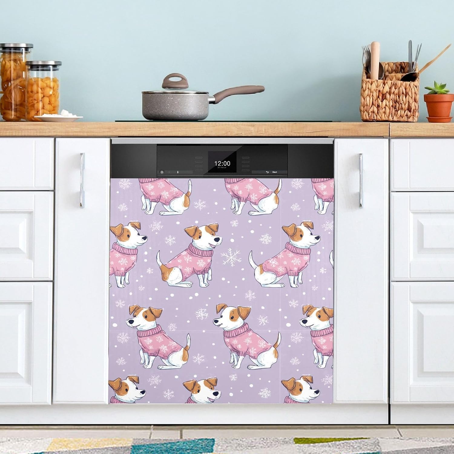Pfrewn Christmas Winter Magnetic Dishwasher Cover Cute Christmas Dogs Snowflakes (1) Fridge Door Covers Kitchen Decal Vinyl Panel Decorative Refrigerator Laundry Appliances 23x26in