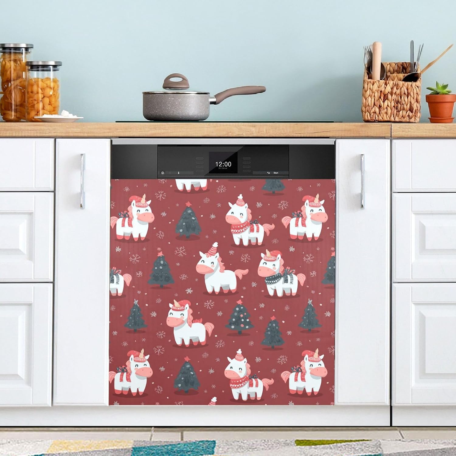 Pfrewn Christmas Winter Magnetic Dishwasher Cover Xmas Christmas Unicorns Tree Fridge Door Covers Kitchen Decal Vinyl Panel Decorative Refrigerator Laundry Appliances 23x26in