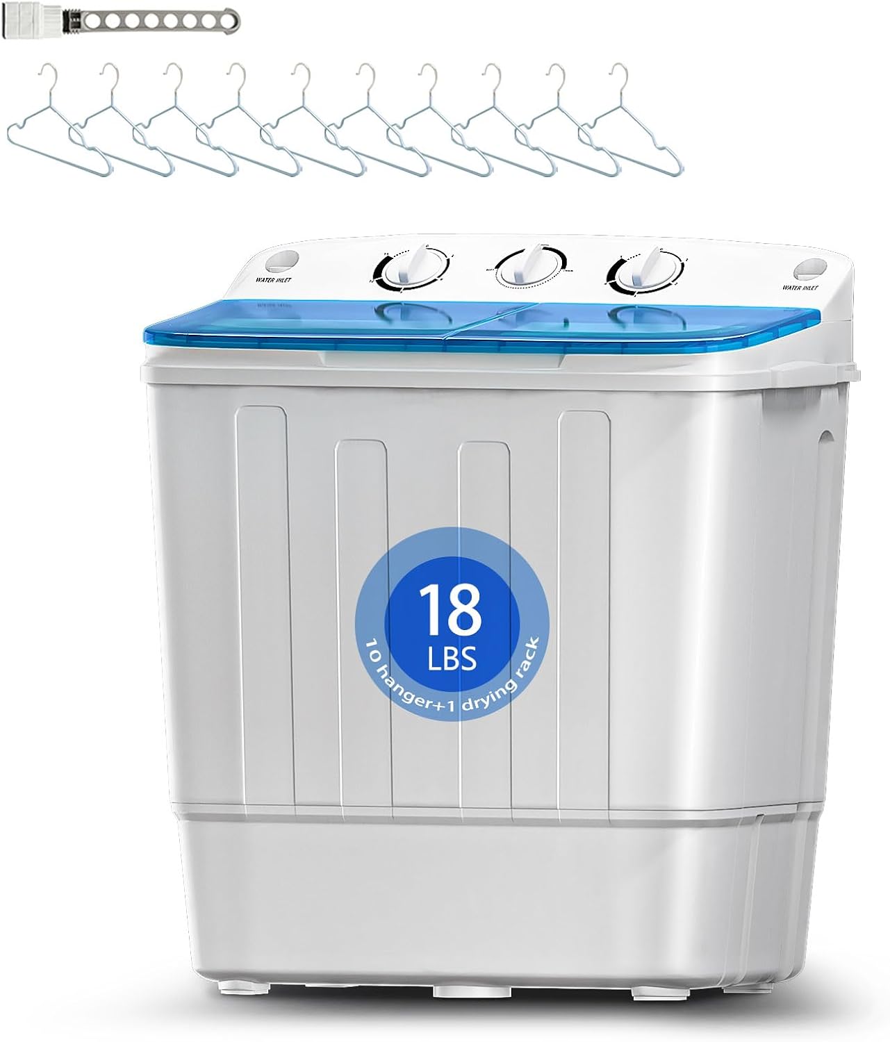Portable Washing Machine, 18lbs Twin Tub (11+7lbs Washer/Spinner) with 10 Hangers and Drying Rack, for Powerful Stain Removal, Semi-Automatic Compact Washer for Dorms, Apartments, RVs(Blue)
