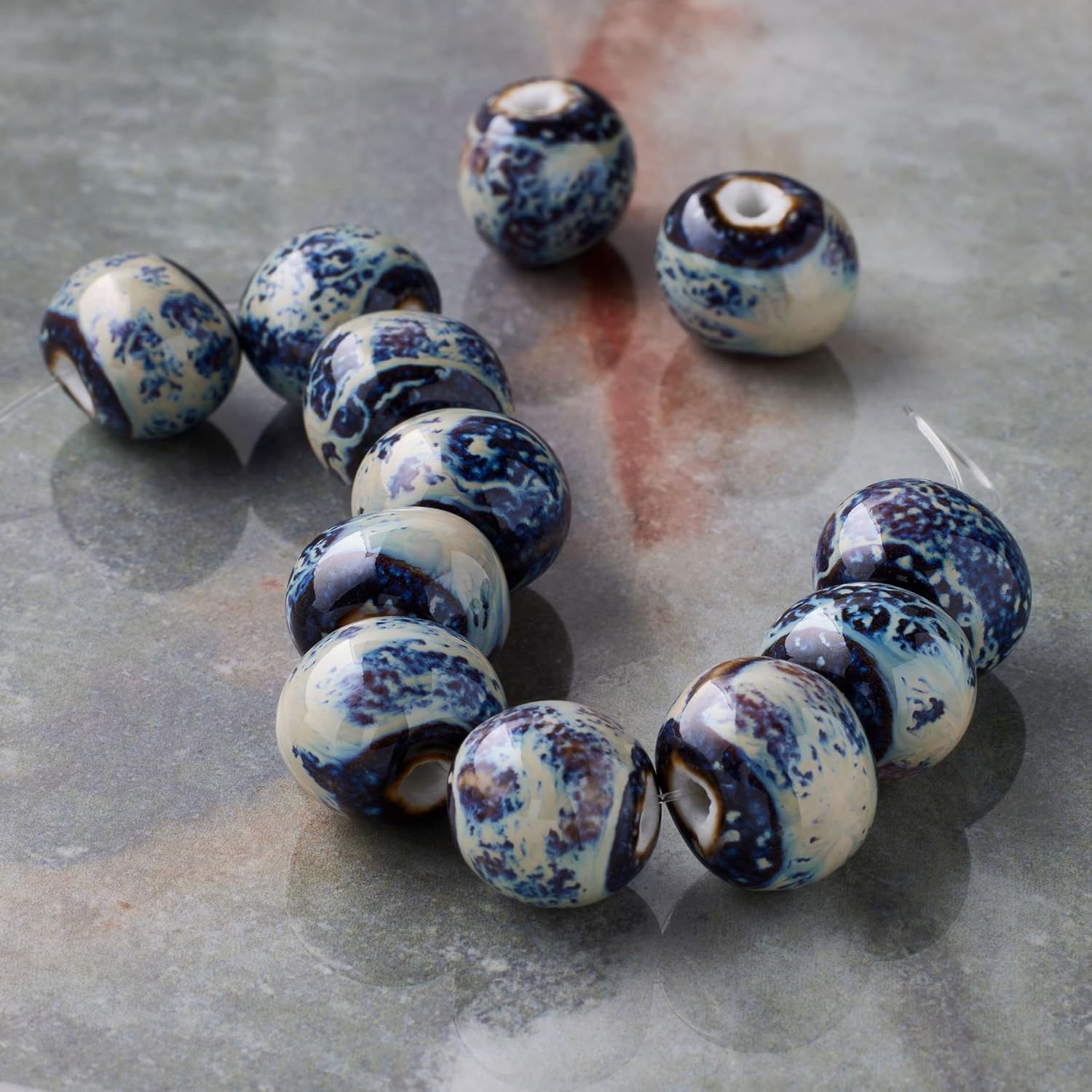 Bead Landing Blue Marbled Rondelle Ceramic Beads – 11.5mm x 13.5mm Beads for Jewelry Making, Crafts & DIY Projects, 12 Pack