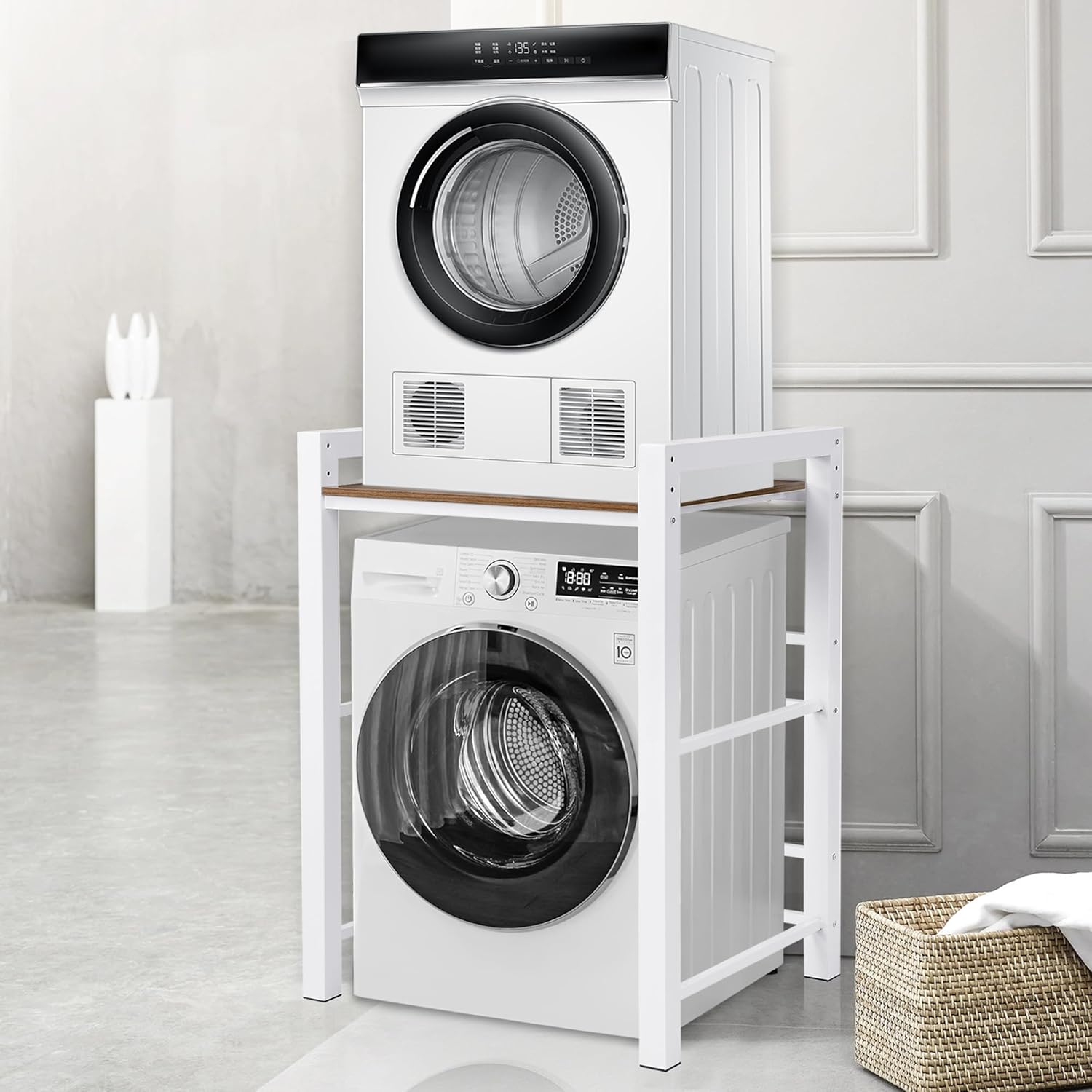 Washer Dryer Stacking Rack Stand, Over Washer and Dryer Shelves, 3 Height Adjustable Over The Washer and Dryer Storage Shelf, Laundry Shelves Load Capacity 300 kg, for Bathrooms Laundry Rooms (White)