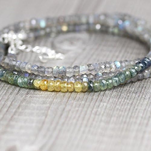 ombre blue, green, yellow sapphire & labradorite necklace. long beaded gemstone layering necklace in sterling silver, rose or gold filledfilled filled 3.5 to 4mm 16