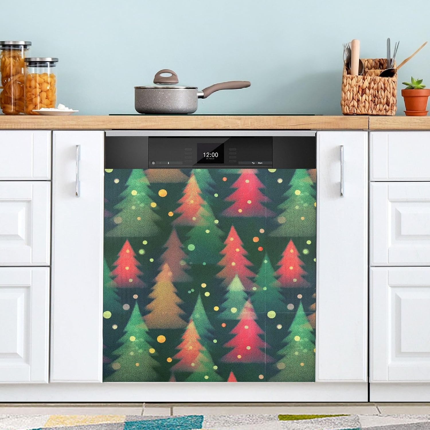Pfrewn Christmas Winter Magnetic Dishwasher Cover Christmas Trees with Colored Lights (2) Fridge Door Covers Kitchen Decal Vinyl Panel Decorative Refrigerator Laundry Appliances 23x26in