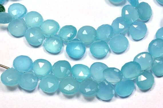 7 Inch 10mm Natural Sky Aqua Chalcedony Faceted Heart Shape Briolette Beads Strand
