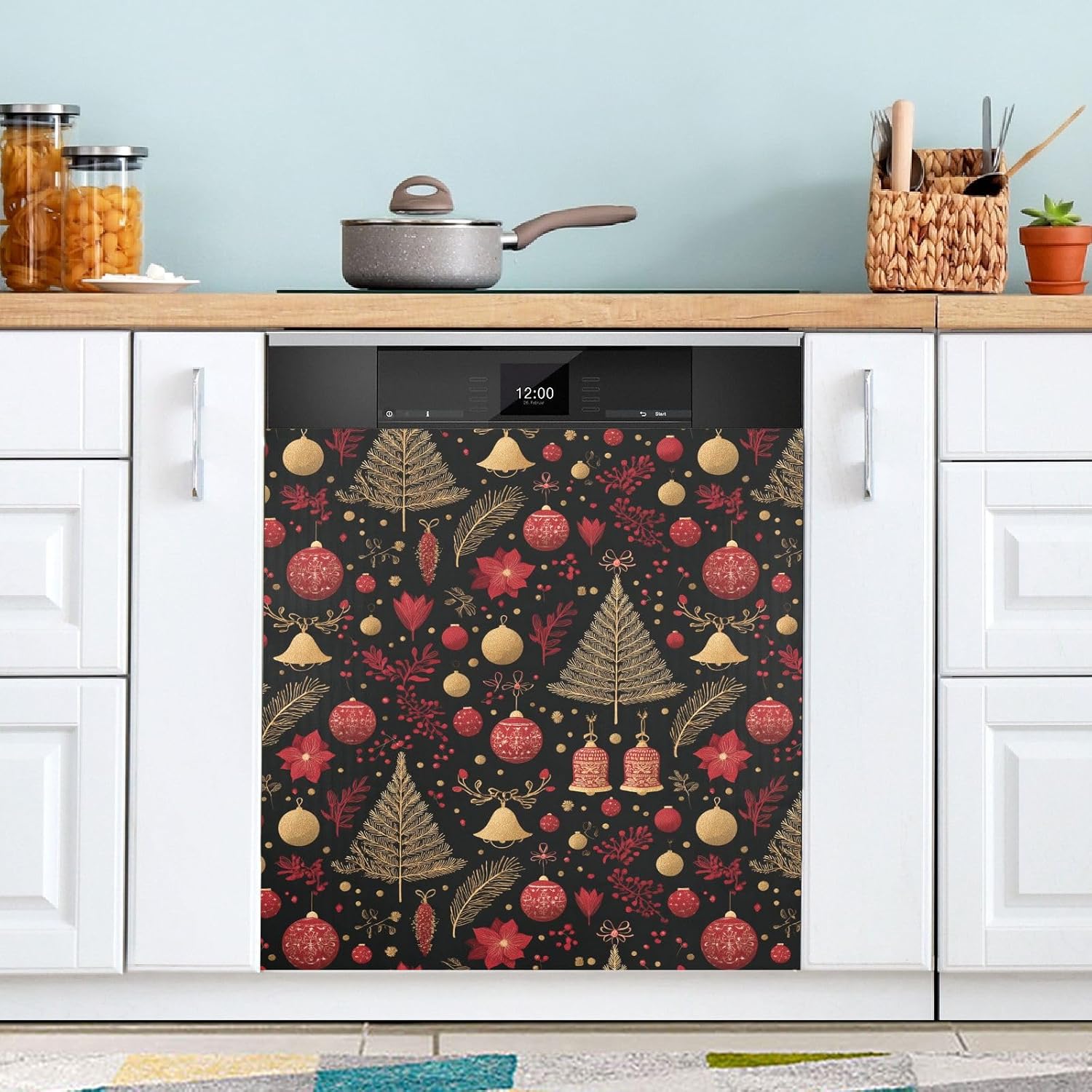 Pfrewn Christmas Winter Magnetic Dishwasher Cover Christmas Bells Bows Balls Fir (1) Fridge Door Covers Kitchen Decal Vinyl Panel Decorative Refrigerator Laundry Appliances 23x26in