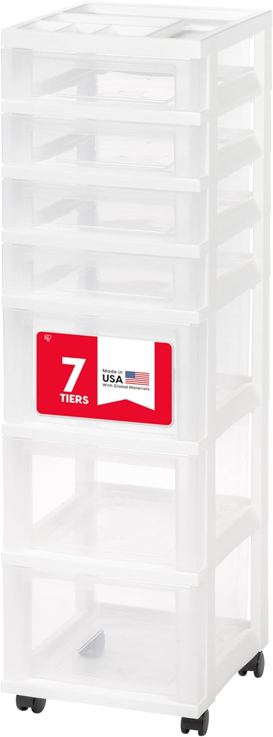 IRIS USA Plastic Drawer Storage Organizer Rolling Cart, with Wheels Casters, 7-Drawers, for Art Craft Supplies Bathroom Dorm Bedroom Laundry Room, White/Clear