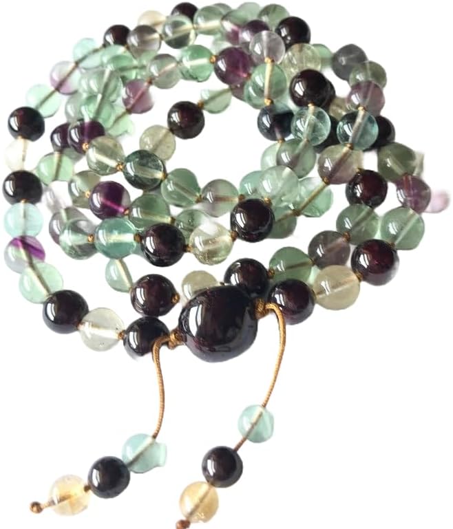 Natural Rainbow Fluorite, Citrine, Garnet, 8mm-12mm 108 Mala Beads, Spiritual, Meditation Beads, Reiki, Japa Mala, Buddhist Prayer Beads, Yoga Bracelet, healing beads LKMALA-RRGU-1023