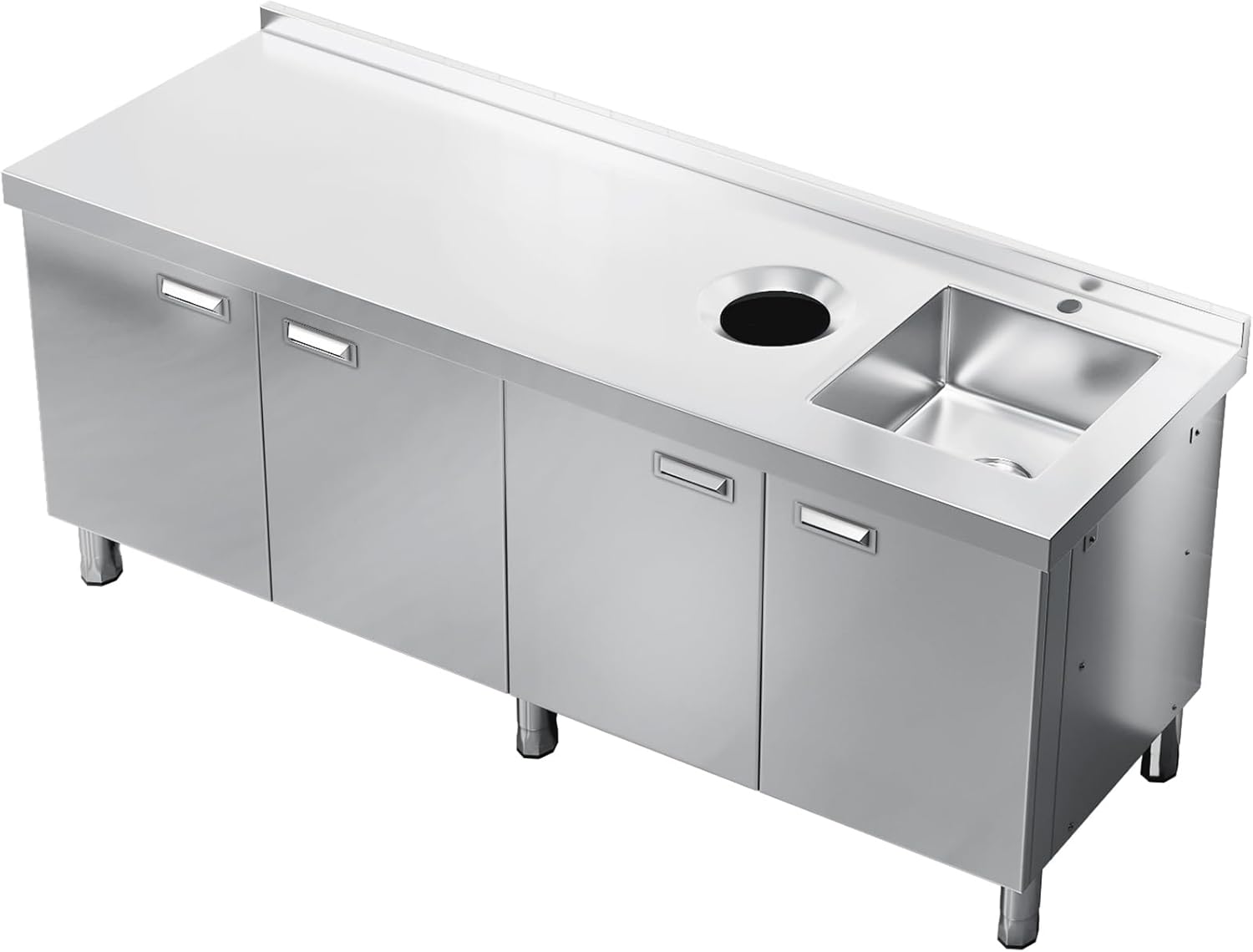 ZZV Commercial Stainless Steel Kitchen Sink with Cabinet, Freestanding Utility Sink with Workbench and Trash Can Hole for Outdoor, Restaurant, Laundry Room, Garage and Shop, 21.66 x 70.87 x 35.43 in