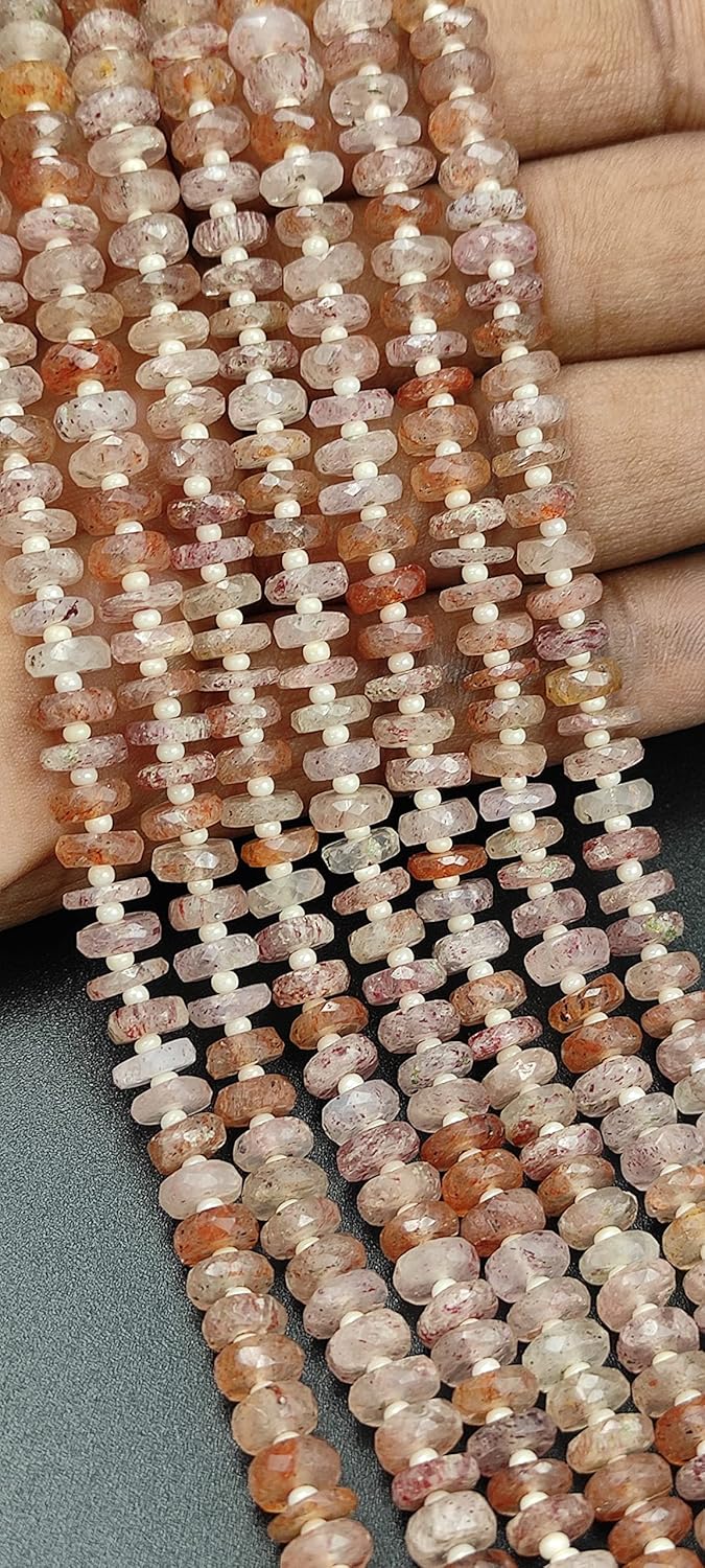 Hanumat Gems Lot of 5 Strands Natural Strawberry Quartz Faceted Heishi (Tyre) Gemstone Beads Strand,Quartz Faceted Beads,Quartz Tyre Beads,Quartz Heishi Tyre Beads,7-8 MM Beads,8 Inches Strand.