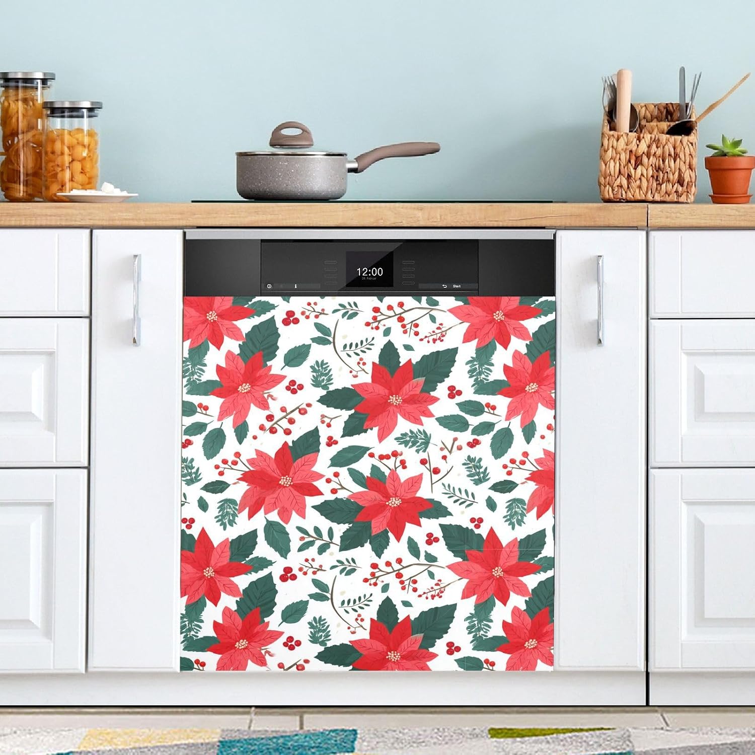 Pfrewn Christmas Winter Magnetic Dishwasher Cover Christmas Poinsettia Holly Berrie White (5) Fridge Door Covers Kitchen Decal Vinyl Panel Decorative Refrigerator Laundry Appliances 23x26in
