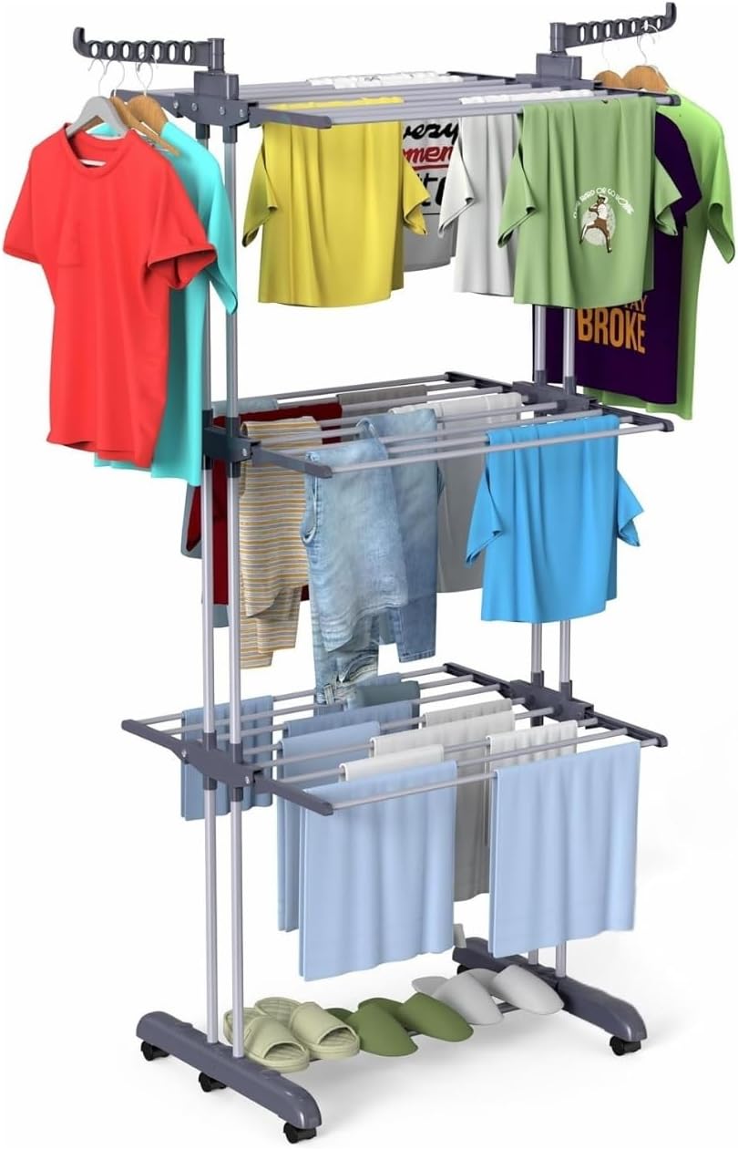 Drying Rack, Stainless Steel & Plastic, Space Saving Laundry Rack, 40lbs Capacity, Includes 2 Stainless Hangers for Underwear (White)