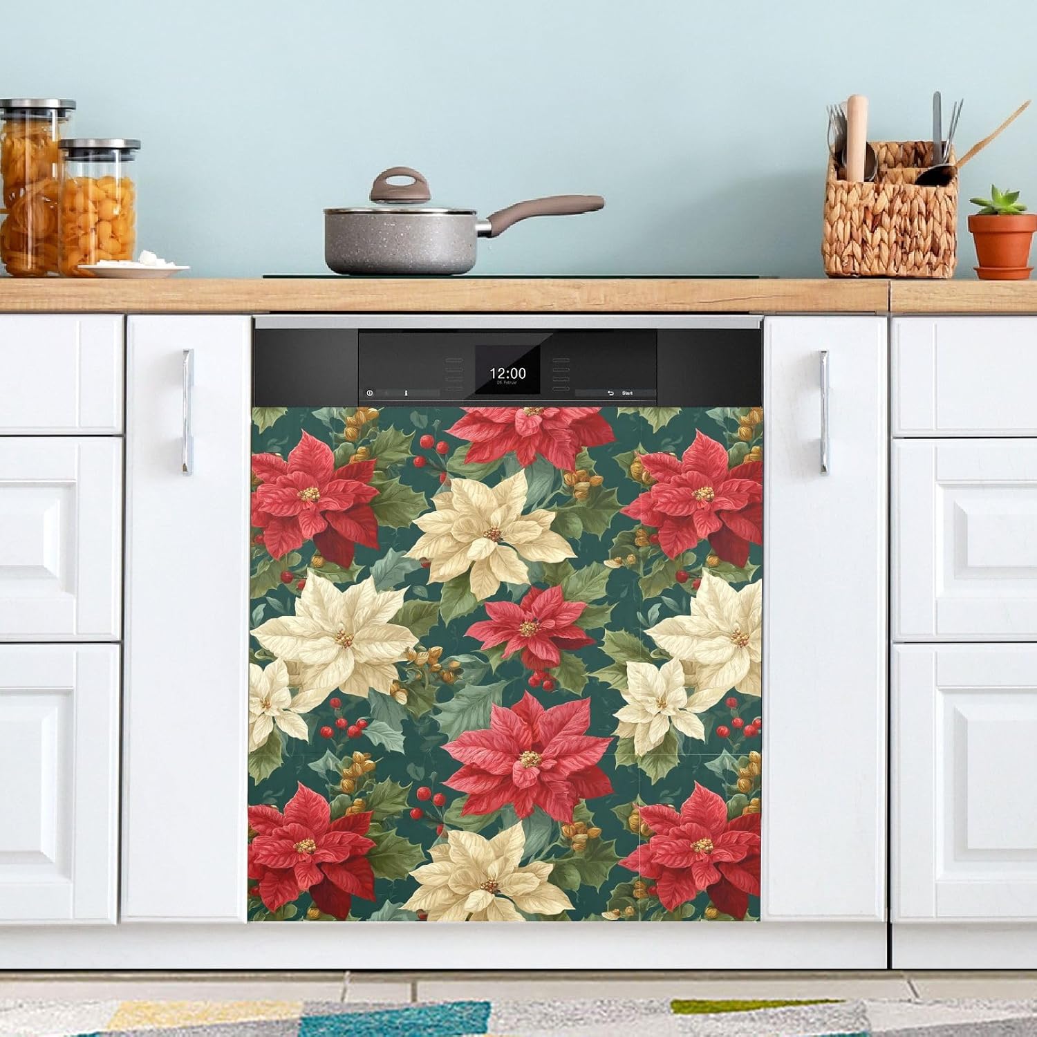 Pfrewn Christmas Winter Magnetic Dishwasher Cover Red White Poinsettias Holly Leaves (7) Fridge Door Covers Kitchen Decal Vinyl Panel Decorative Refrigerator Laundry Appliances 23x26in