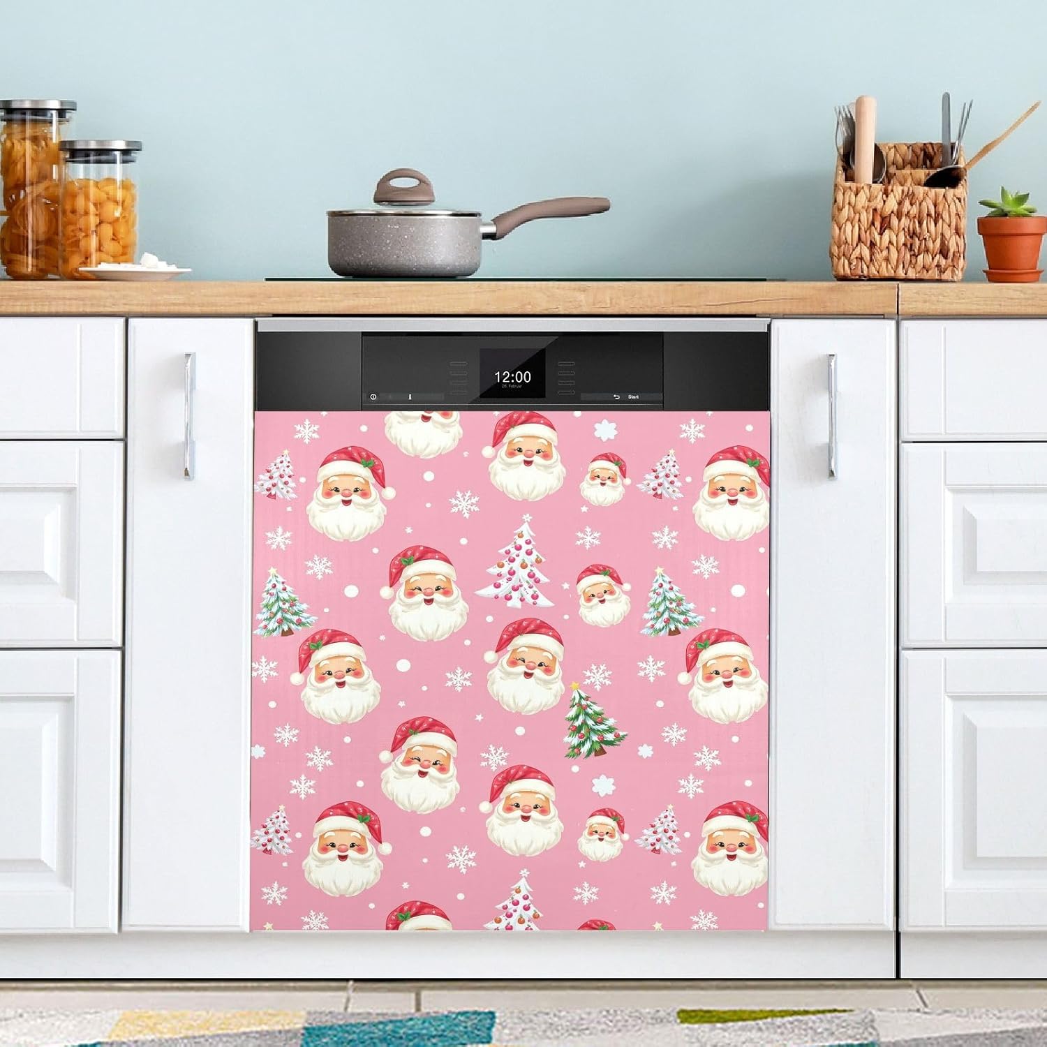 Pfrewn Christmas Winter Magnetic Dishwasher Cover Pink Christmas Santa Trees Fridge Door Covers Kitchen Decal Vinyl Panel Decorative Refrigerator Laundry Appliances 23x26in
