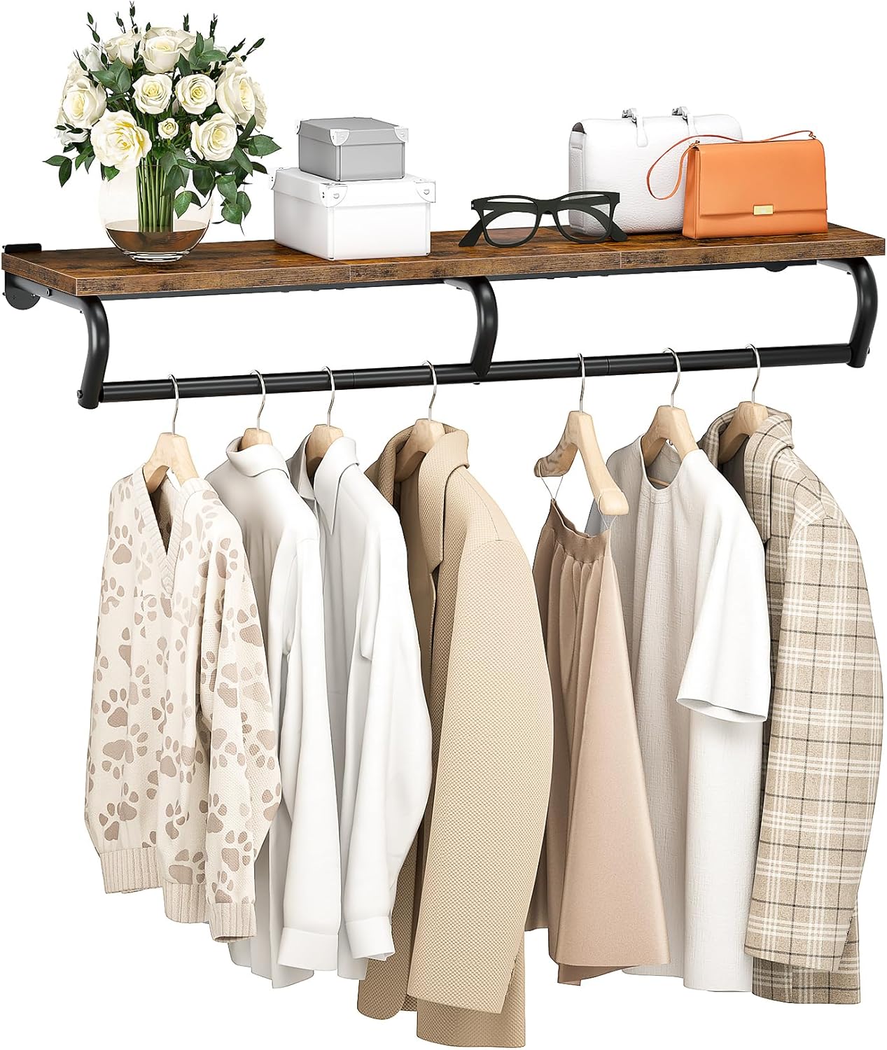 Wall Mounted Clothes Rack, Metal Garment Rack with Top Shelf, Laundry Storage Shelf with Hanging Rod, for Laundry Room, Bedroom, Entryway and Storage Room, Rustic Brown and Black TYM02BF